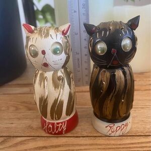 Set of 2 Vintage Japanese Wooden Salty & Peppy Cat Shakers